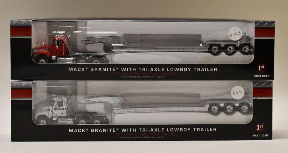(2) 1/64 1st Gear Mack Granite w/ Tri-Axle Lowboy: (2) 1/64 1st Gear Mack Granite semi trucks with tri-axle lowboys. Nice condition in the boxes