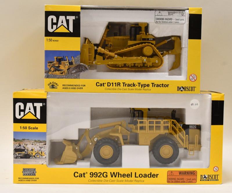 1/50 Norscot Cat D11R Dozer, Cat 992G Wheel Loader: 1/50 scale Norscot Cat D11R track-type tractor bulldozer with ripper, and Cat 993G wheel loader. Nice condition in the boxes.