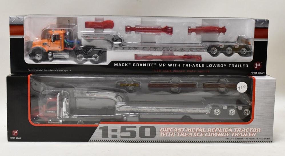 1/50 1st Gear Mack & Kenworth Trucks w Lowboys: 1/50 scale 1st Gear Mack Granite MP and Kenworth T880 trucks with lowboy trailers. Nice condition in the boxes.