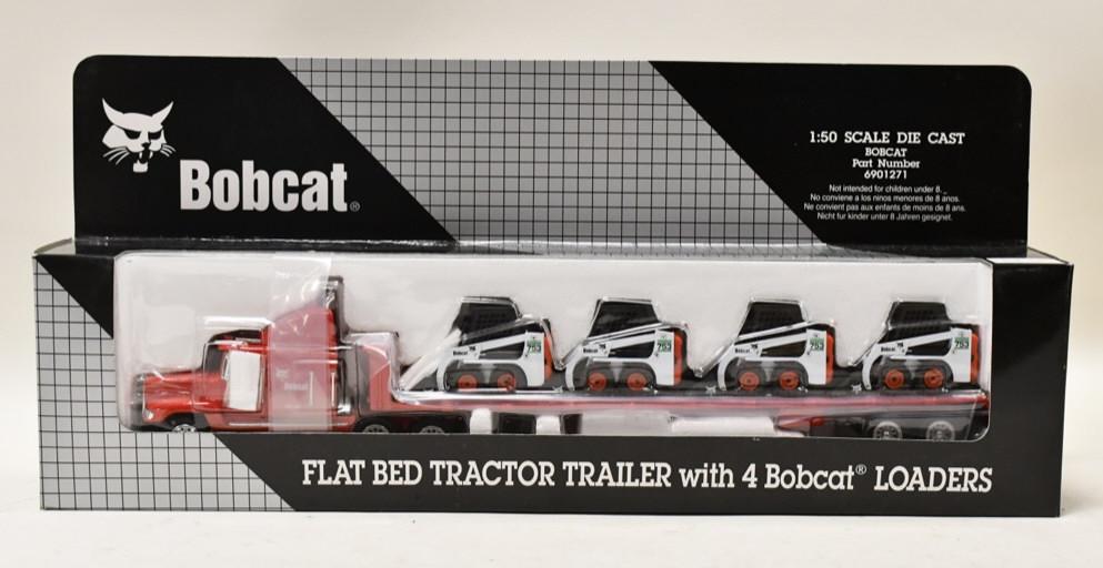 1/50 Flat Bed Tractor Trailer w 4 Bobcats Loaders: 1/50 scale Wan Ho Industrial Co. flat bed tractor trailer with four Bobcat skid-steer loaders. Nice condition in the boxes.