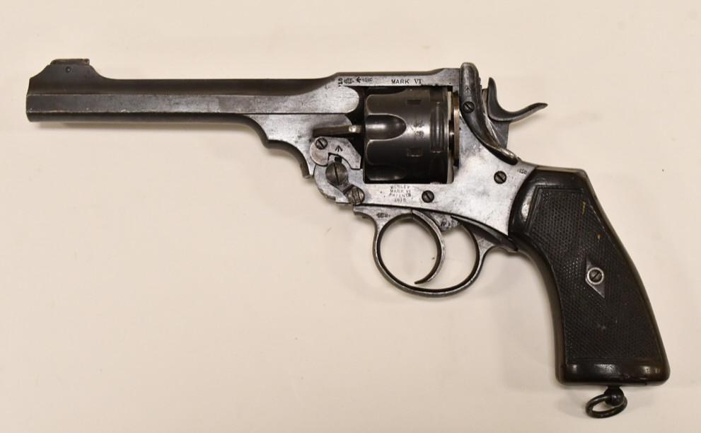 WW1 Webley MK VI .455 Webley 6-Shot Revolver: Nice Webley MK VI six-shot top break Revolver converted to .45 Colt. The blue finish revolver has a 6" barrel and is in good condition. SN: 175160. FFL required for transfer. (453-5)