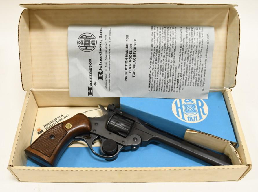 H & R Model 999 .22 LR 9-Shot Revolver In Box: Like new H & R Inc. Model 999 9-Shot Revolver in .22 Long Rifle. The revolver has a blue finish and is in great condition in the original box with instructions. Has a 6" barrel. SN: AT152941. FFL requ