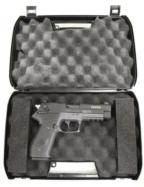 GSG Firefly .22 LR Semi-Automatic Pistol NIB: New in case German Sport Guns Firefly semi-automatic pistol in .22 Long Rifle. The gray & black finish pistol is in new unfired condition with instructions, lock, and original plastic case. Has a 4" b