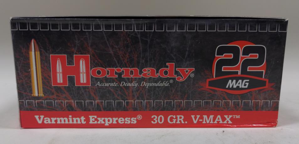 500 Rounds Hornady .22 Magnum Cartridges In Boxes: 500 rounds of Hornady .22 Magnum cartridges. Comes in ten 50 round boxes. 30 grain V-Max Varmint Express.