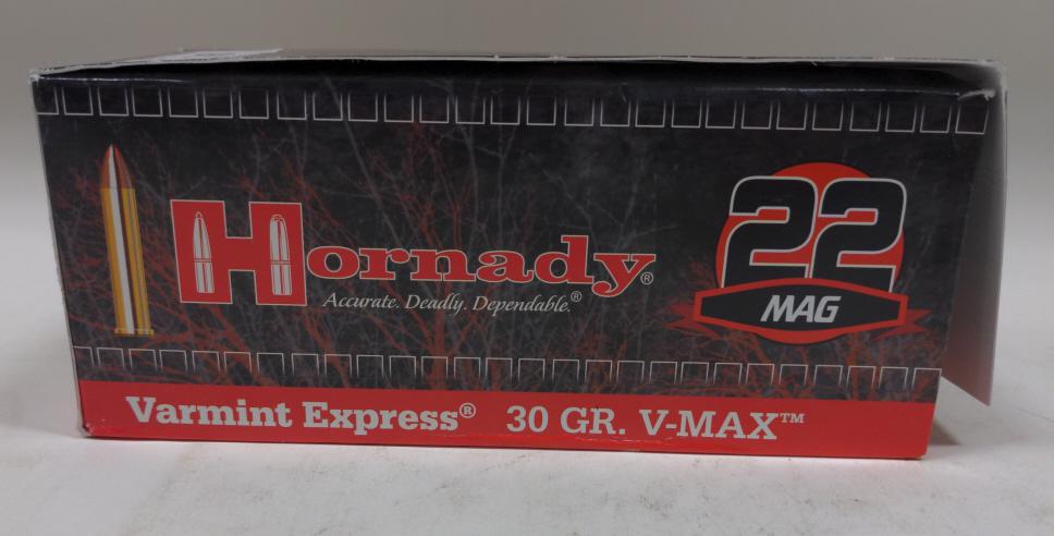 500 Rounds Hornady .22 Magnum Cartridges In Boxes: 500 rounds of Hornady .22 Magnum cartridges. Comes in ten 50 round boxes. 30 grain V-Max Varmint Express.