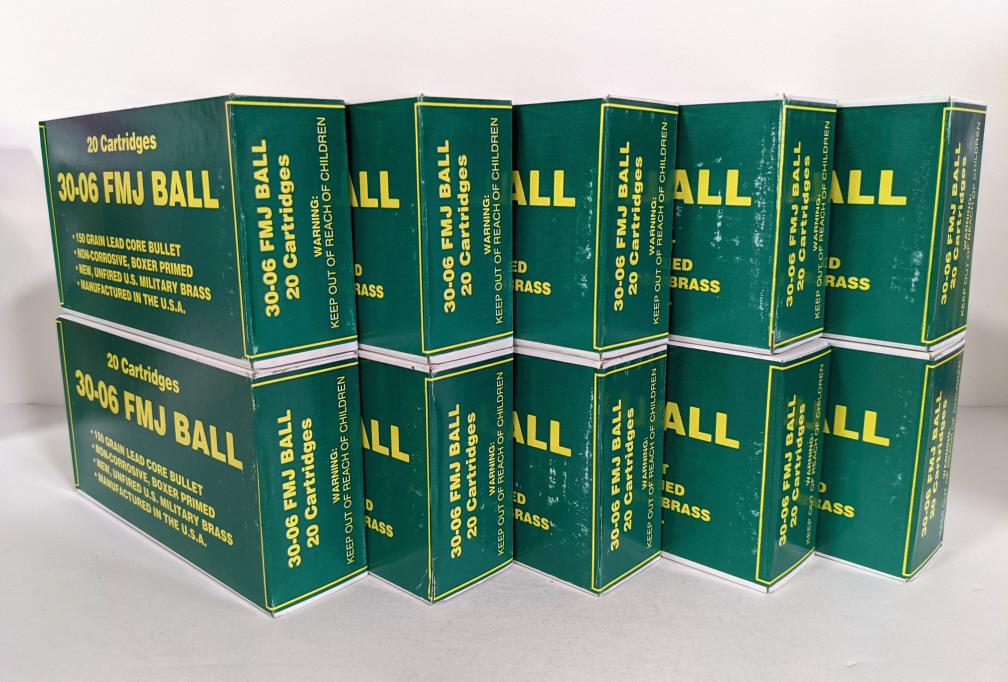 200 Rounds 30-06 FMJ Ball Cartridges In Boxes: 200 rounds of 30-06 FMJ Ball cartridges. Comes in ten 20 round boxes. 150 grain lead core bullet boxer primed new unfired U.S. military brass made in U.S.A.