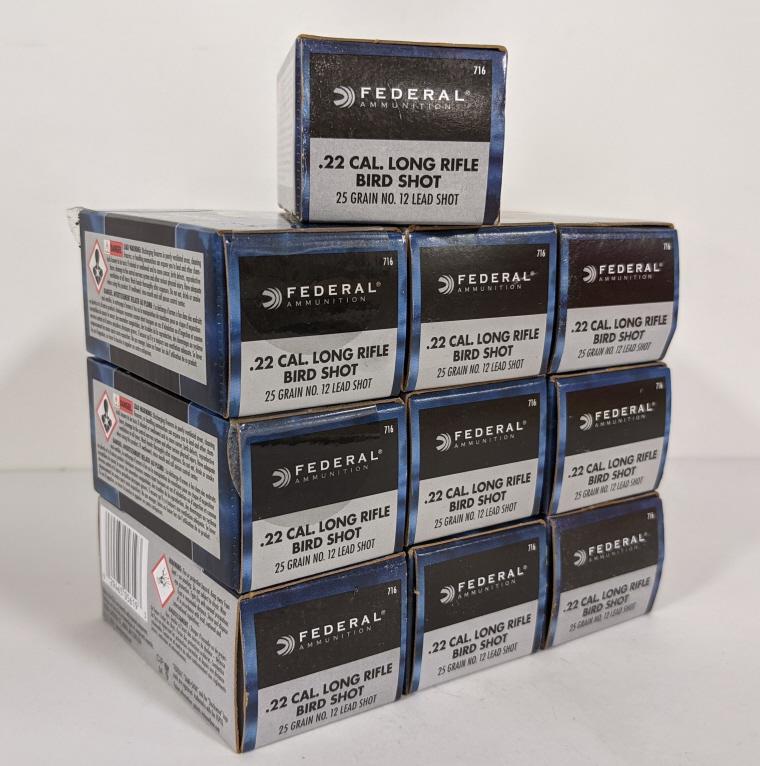 500 Rounds Federal .22LR Bird Shot Cartridges: 500 rounds of Federal .22LR 25 grain No. 12 lead bird shot cartridges. Comes in ten 50 round boxes.