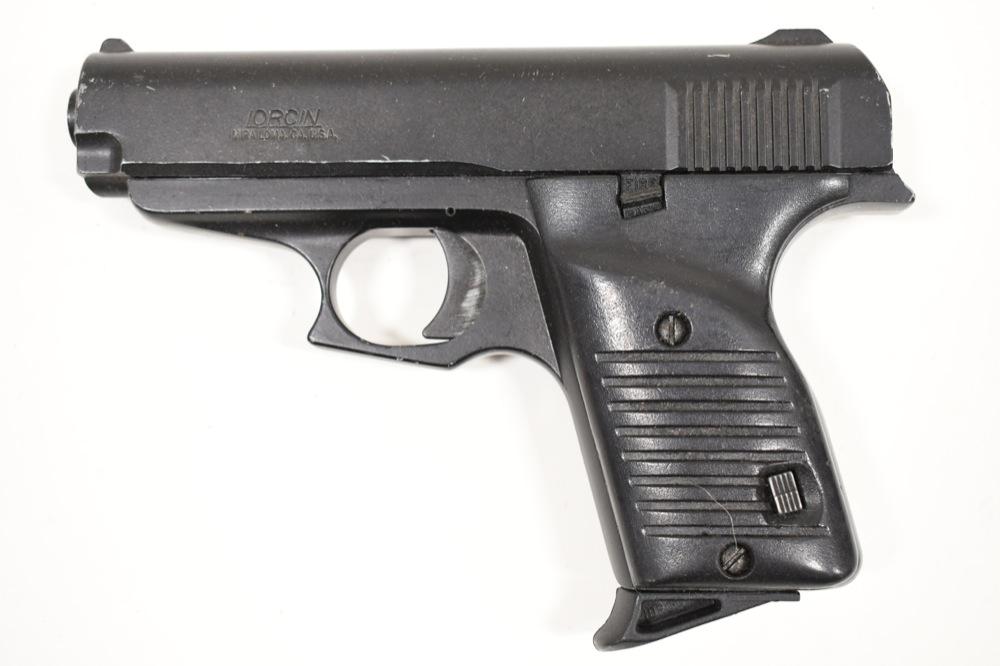 Lorcin Model L380 .380 Cal. Semi-Automatic Pistol: Lorcin Model L380 semi-automatic pistol in .380 cal. auto. The black finish pistol is in good used condition with a 3.5" barrel. SN: 329342. FFL required for transfer. (440-4)