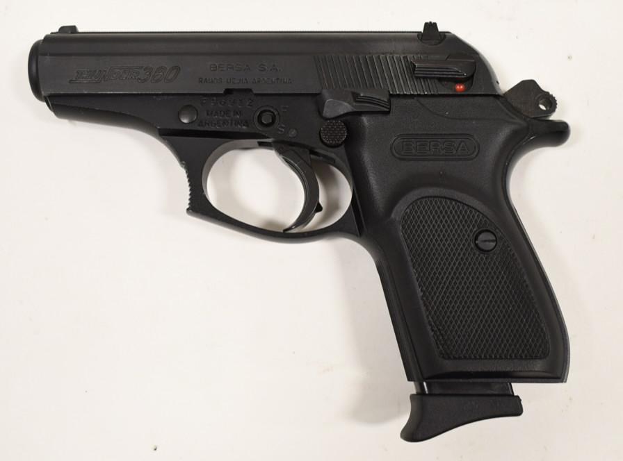 Bersa Thunder 380 Semi-Auto Pistol In Case: Bersa Model Thunder 380 semi-automatic pistol in .380 ACP. The black finish pistol has a 3.5" barrel and is in near new condition in the original hard plastic case. SN:F96912. FFL required for transfe
