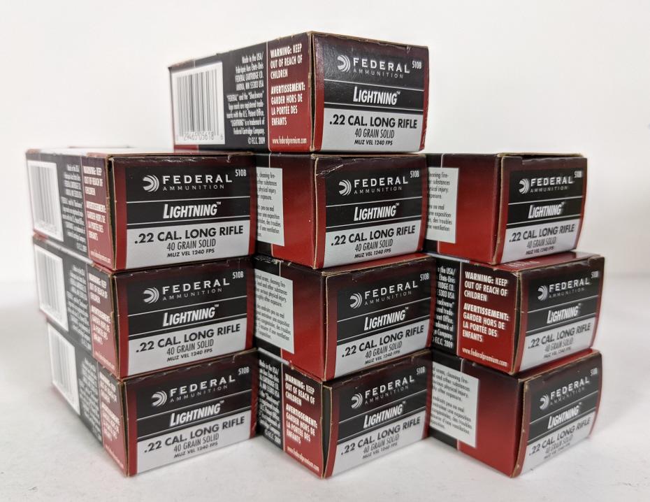 500 Rounds Federal Lightning 22LR Cartridges: 500 rounds of Federal Lightning 22LR 40 grain solid cartridges. Comes in ten 50 round boxes.