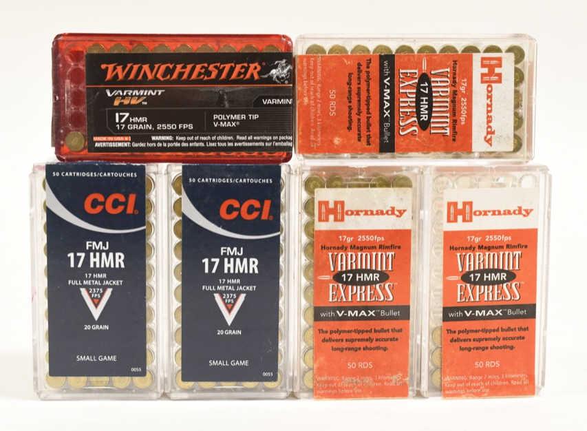 264 Rounds Of Mixed 17 HMR Cartridges In Boxes: 264 rounds of Mixed 17 HMR cartridges. Lot includes 118 Hornady Varmint Express. 100 CCI Small Game, & 46 Winchester Varmint HV. All in original boxes.