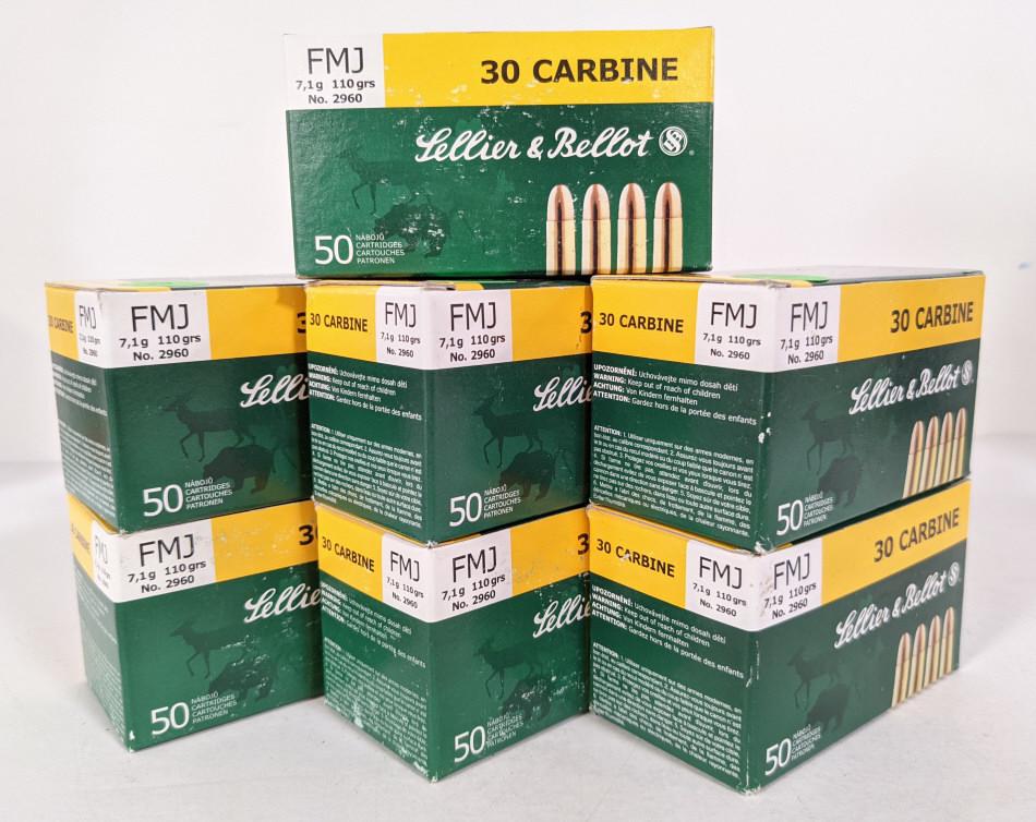 350 Rounds Sellier & Bellot 30 Carbine Cartridges: 350 rounds of Sellier & Bellot 30 Carbine cartridges. Comes in seven 50 round boxes. 110 grain FMJ .
