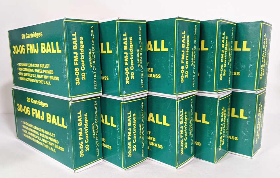 200 Rounds 30-06 FMJ Ball Cartridges In Boxes: 200 rounds of 30-06 FMJ Ball cartridges. Comes in ten 20 round boxes. 150 grain lead core bullet boxer primed new unfired U.S. military brass made in U.S.A.