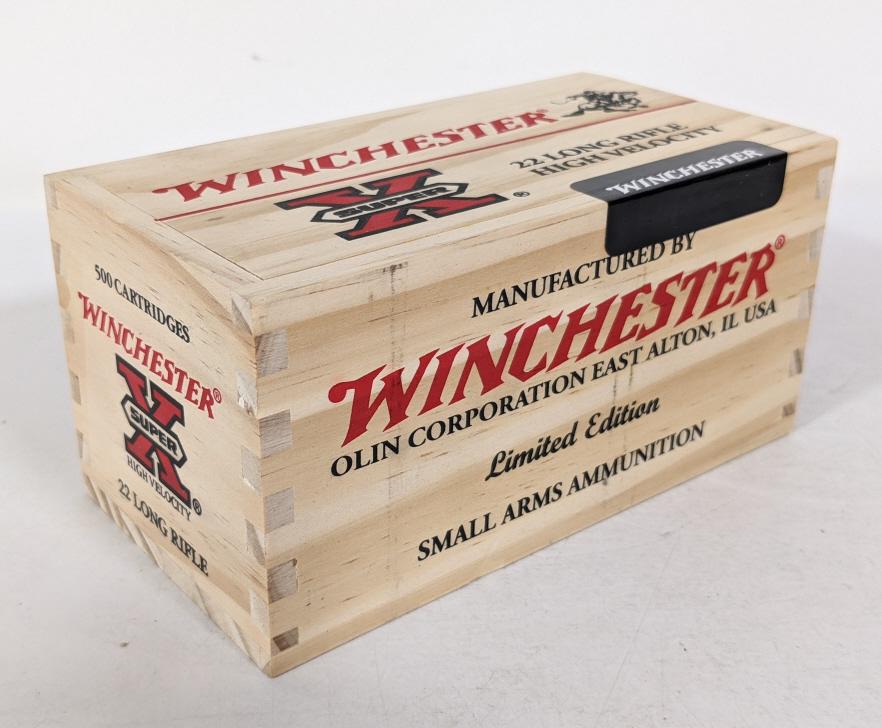 500 Rounds Winchester .22 LR Cartridges In Crate: 500 rounds of Winchester Super X .22 LR High Velocity cartridges. Comes in limited edition wood crate.