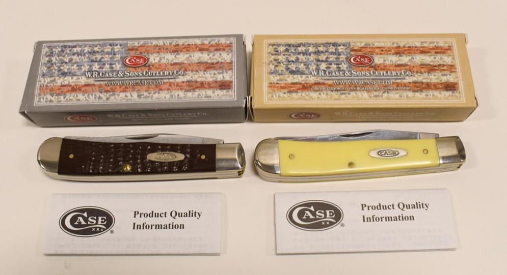 (2) Case XX Trapper Folding Knives In Boxes: Lot of two Case XX Trapper folding knives. Lot includes a model no. 6254 SS and a no.3254 CV. Knives come in original packaging . Both appear to be in nice condition. Largest approximately 4-1/4" acro