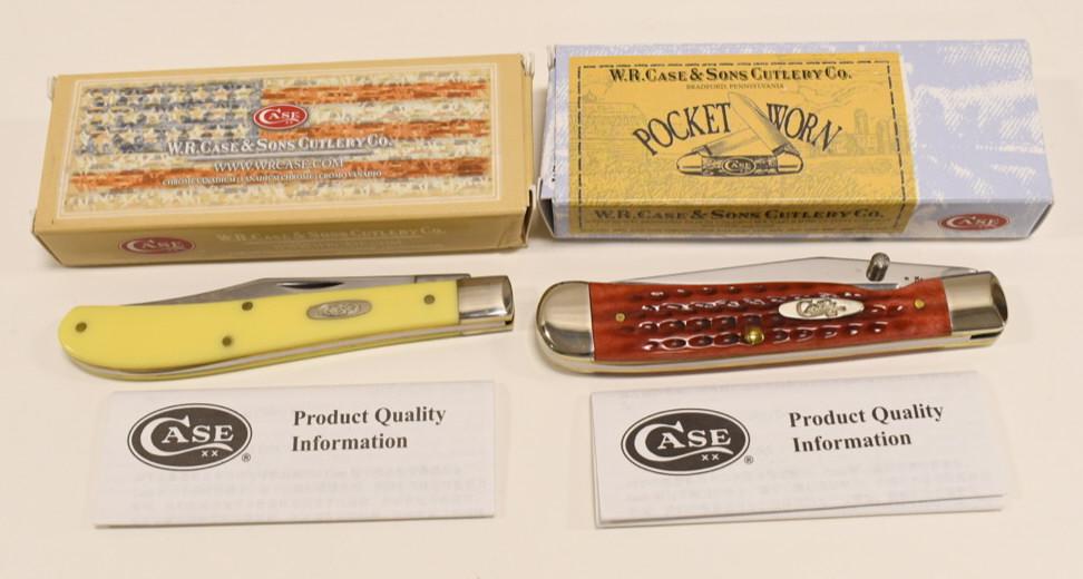 (2) Case XX Folding Knives In Boxes: Lot of two Case XX folding knives. Lot includes a model no. 6154L SS Trapperlock, and a no. 31048 CV Utility. Knives come in original packaging . They appear to be in nice condition. Largest approxima