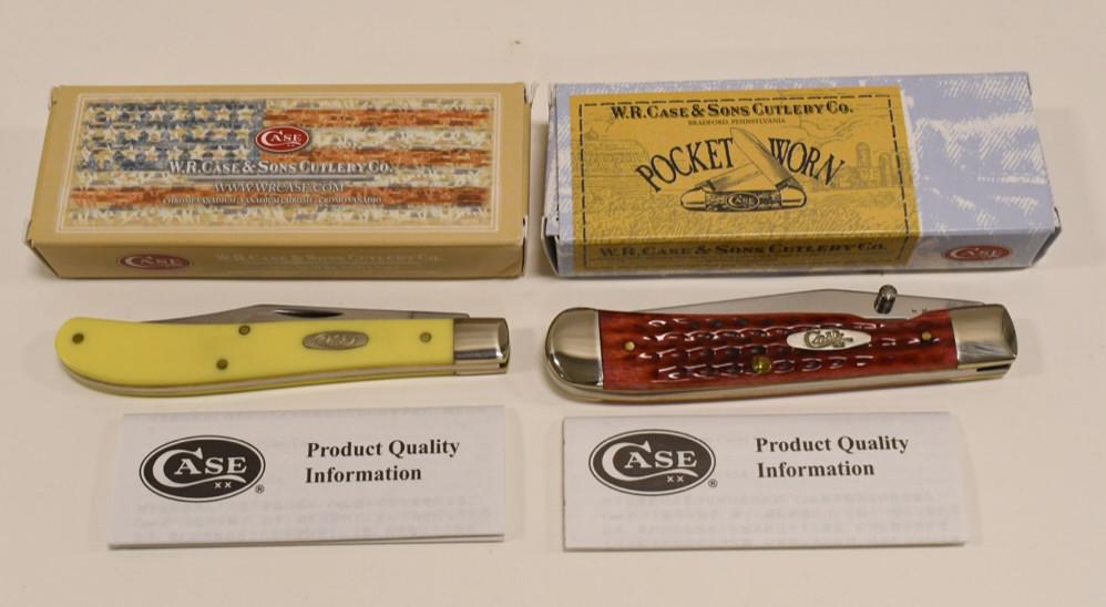 (2) Case XX Folding Knives In Boxes: Lot of two Case XX folding knives. Lot includes a model no. 6154L SS Trapperlock, and a no. 31048 CV Utility. Knives come in original packaging . They appear to be in nice condition. Largest approxima