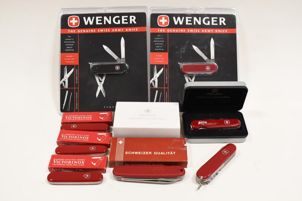 Swiss Army Knife Multi-Tool Folding Knife Lot: Lot of 8 Swiss Army multi-tool folding knives. Lot includes Wenger and Victorinox. Knives vary in age,but all are in very nice to new old stock condition. LArgest measures approxiamtely 4" across when