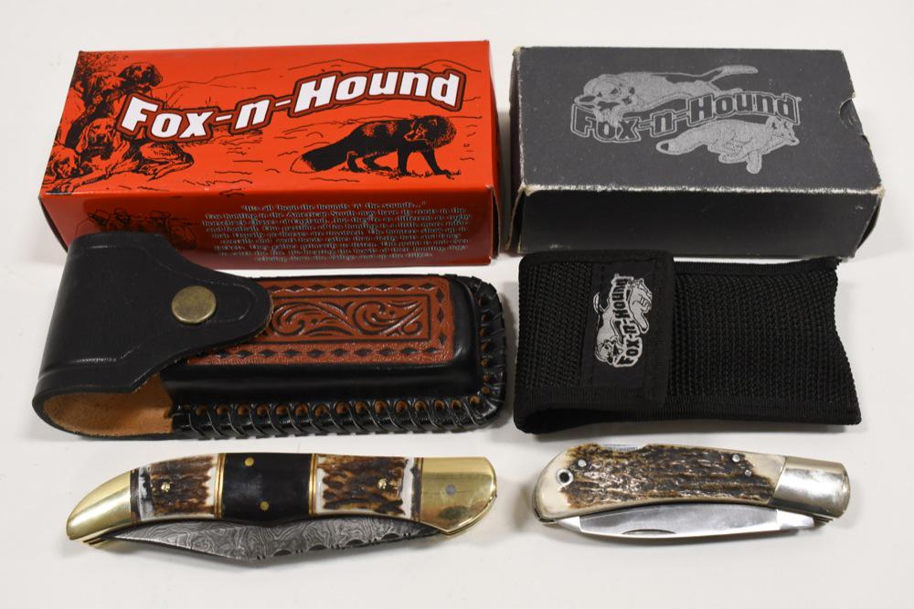 Fox-N-Hound Folding Knife Lot Damascus & Stag: Lot of two Fox-N-Hound folding knives. Lot includes a two-blade folding knife with damascus blade, and stag / buffalo horn handle. Also included is a stag horn two-blade folding knife. Lot includes tw