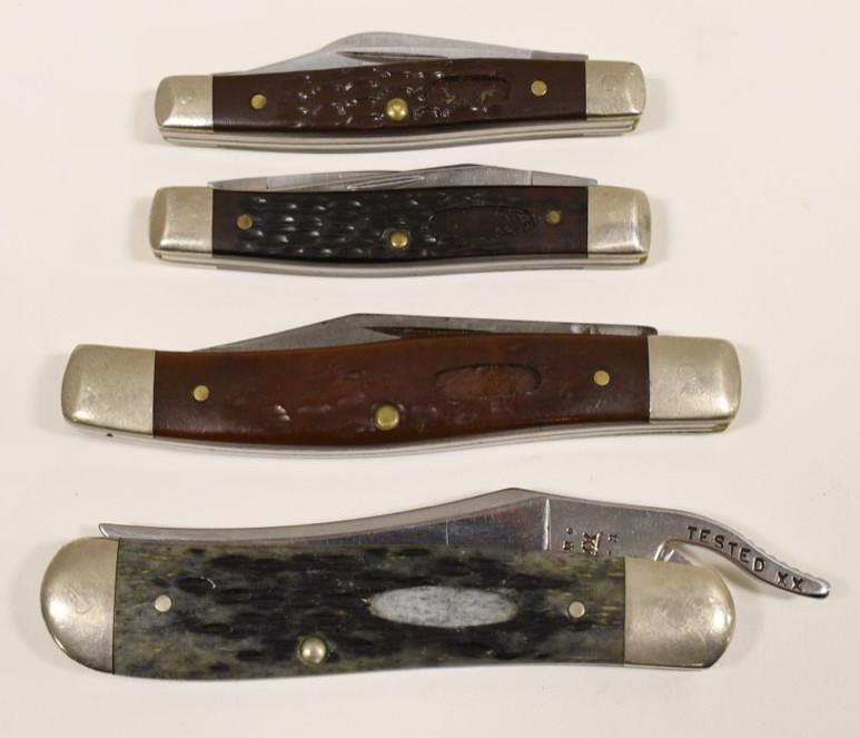 Case XX Folding Knife Lot: Lot of four Case XX folding knives. Lot includes model no. 61953 L, no.62032 CV, no.62033 SS, and no. 6333 SS. They vary in age and condition. All four are missing their Case emblems on the grips. Lar