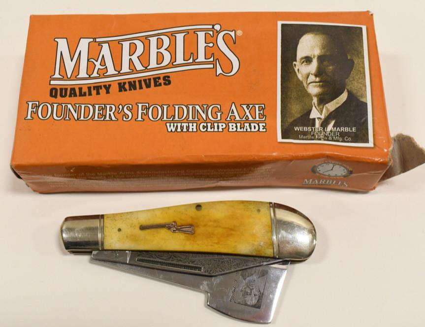 Marbles Game-Getter 100th Anniv. Folding Knife: Marbles Game-Getter 100th anniversary folding knife with bone handle and box. Nice condition with some wear from use. Box does have damage. When closed it measures approximately 5" across.