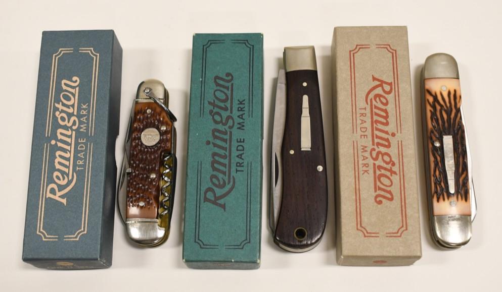 (3) Remington Bullet Folding Knives In Boxes: Lot of three Remington Bullet folding knives in original boxes. Lot inlcudes model no. R1128 Trapper two-blade knife, no. R-4356 Bush Pilot Knife, and a no. R.3843 Trailhand. All three are in very nic