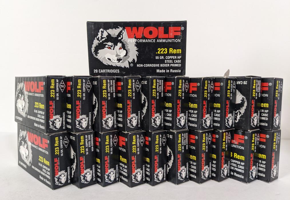420 Rounds Wolf .223 Rem. Cartridges In Boxes: 420 rounds of Wolf .223 Rem. 55 grain copper HP steel case cartridges. All in 20 round boxes. (564)