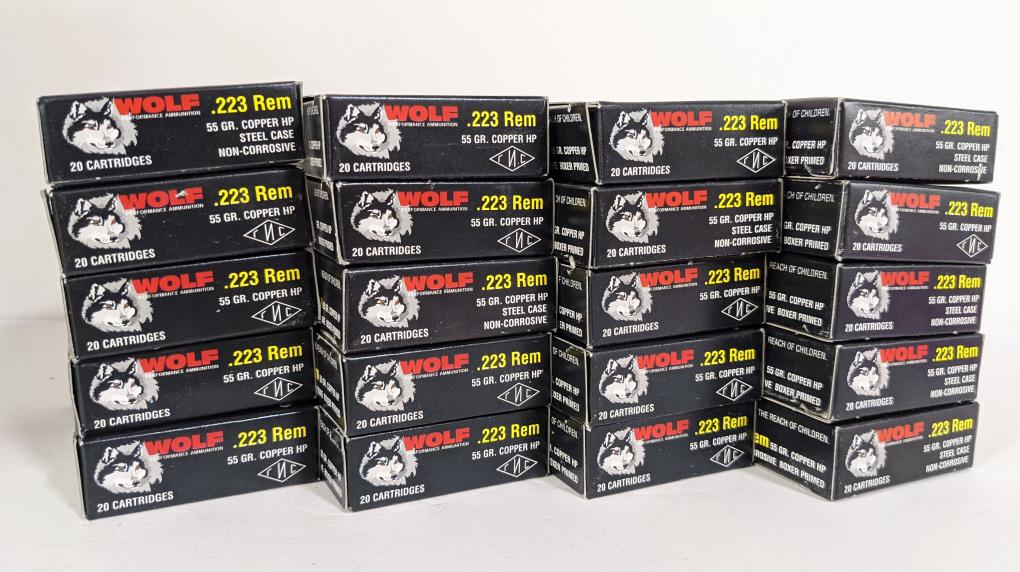 400 Rounds Wolf .223 Rem. Cartridges In Boxes: 400 rounds of Wolf .223 Rem. 55 grain copper HP steel case cartridges. All in 20 round boxes. (564)