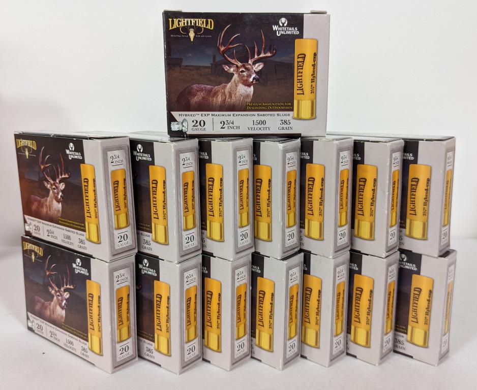 75 Rounds Lightfield 20 Ga. Hybrid EXP Sabot Slugs: 75 rounds of Lightfield Hybred EXP Maximum Expansion Sabated Slugs in 20 gauge, 2-3/4", 385 grain. All in new packs of five.