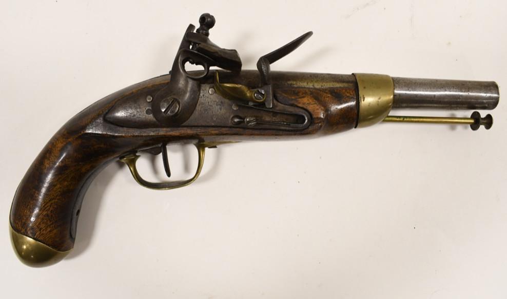 Harpers Ferry Percussion Horse Pistol: Antique Harpers Ferry percussion pistol in .58 minnie ball???. The pistol is in good antique restored condition and has a 7.5" barrel.
