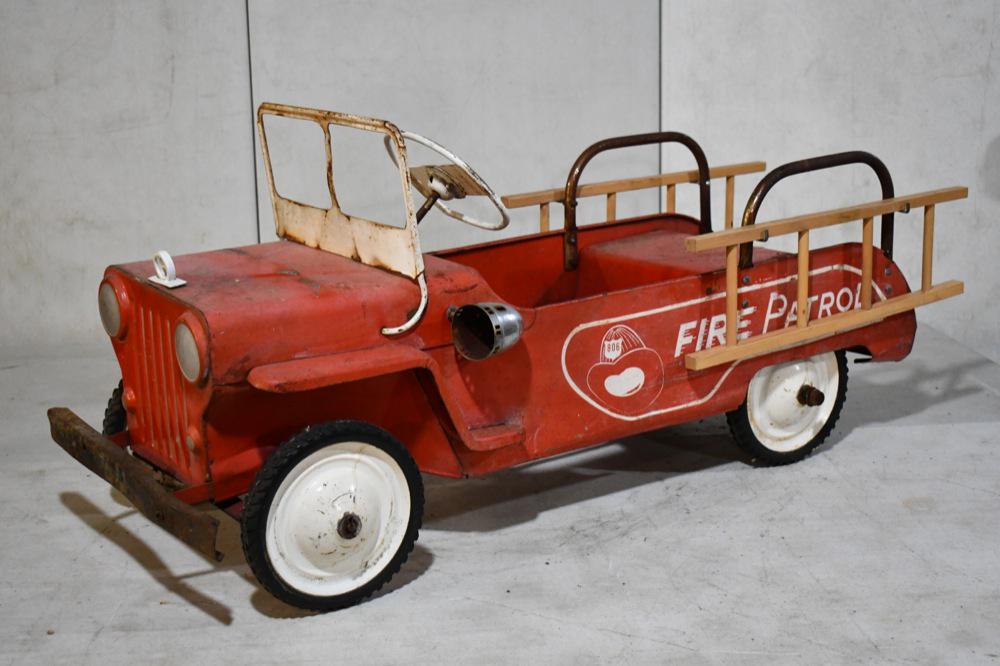 Hamilton Fire Patrol No.806 Pedal Jeep: Hamilton Fire Patrol No.806 Pedal Jeep. Displays well with newer ladders, and some paint loss from use and age. Measures approximately 38"long.