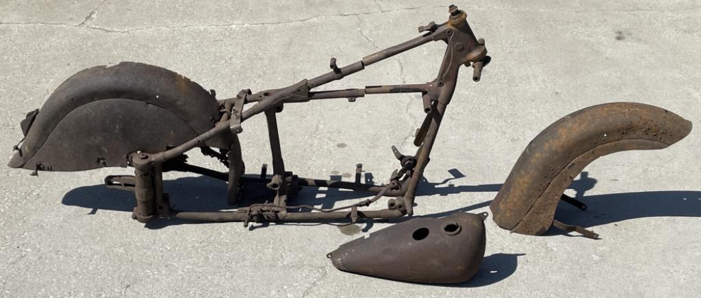 1946-47 Indiana Chief Frame Fenders Tank: This incredible all original Indian Chief was found with a tree growing between the frame. It is in rough condition with rust, damage and wear from age and weather. The property owners requested that 