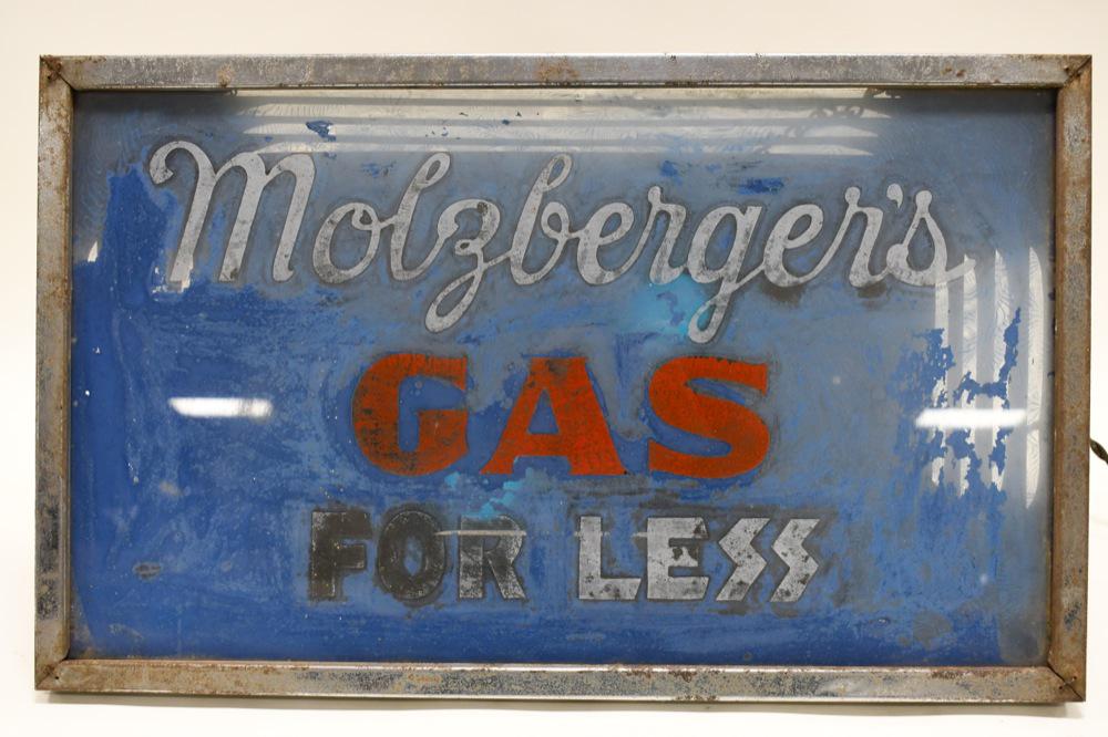 Early Molzberger's Gas Lighted Glass Adv Sign (1 of 9)
