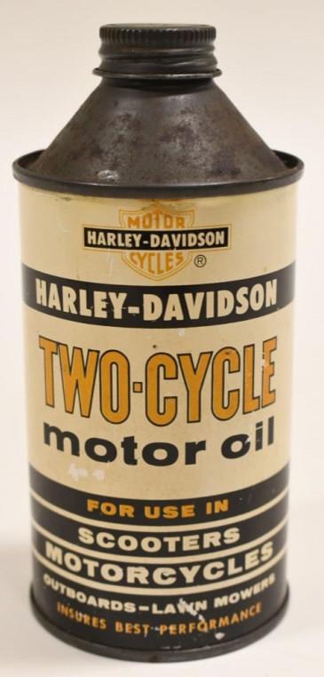 Vintage Harley-Davidson 2-Cycle Cone Top Oil Can: Hard to find vintage Harley-Davidson 12 oz two cycle cone top oil can. Can is in nice unopened full condition. Does have some discoloration and scratches from age and storage. It measures approximatel