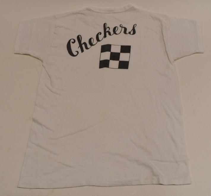 Vintage 1960s Checkers Motorcycle Club Race Shirt: Original vintage 1960s Checkers Motorcycle Club race short sleeve shirt. Shirt is in very nice condition for its age with expected wear from use and age. Does have a small hole on the front side. Disp