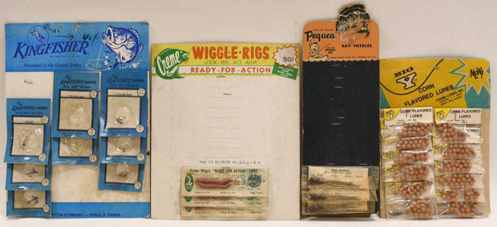 Vintage Fishing Lure Cardstock Store Displays: Lot of four vintage fishing lure store displays. They vary in age and condition. Largest measures approximately 12" tall.