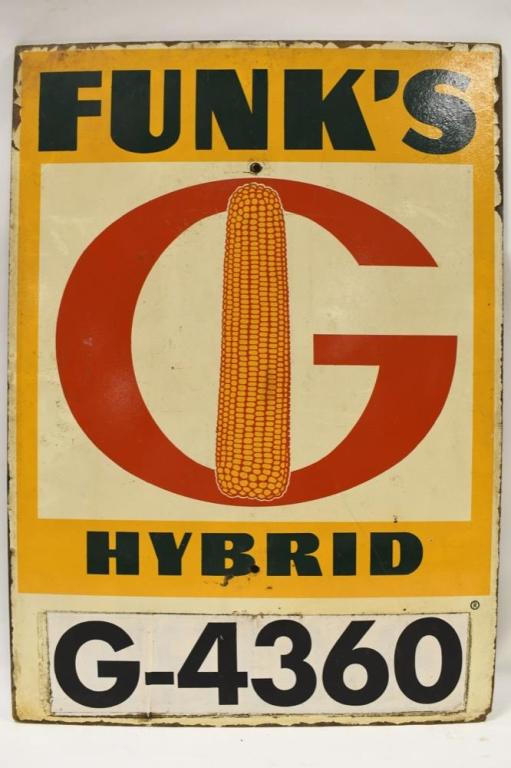 Vintage Masonite Funk's G Hybrid Adv Sign: Vintage single sided masonite Funk's G Hybrid advertising sign. Sign is in good condition with paint loss and wear from use and age. Measures approximately 28" tall by 20" across.