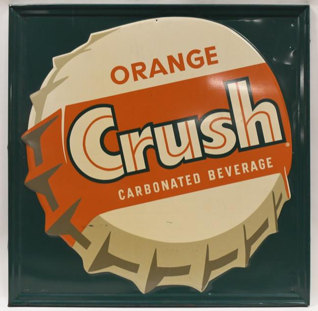 Large SST Orange Crush Bottle Cap Embossed Sign: Outstanding large vintage single sided tin embossed Orange Crush bottle cap advertising sign. Sign is in nice condition with some light paint loss and wear from use and age. Displays extremely well wi