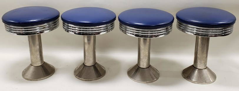 (4) Vintage Diner / Soda Fountain Stools: Lot of four vintage diner / soda fountain swivel stools. They are in good condition with some chrome loss, pitting, and wear from use and age. Should clean up nice. They display well as a set. They me