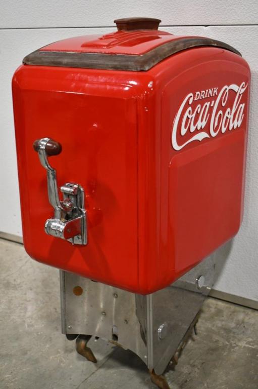 Vintage Coca-Cola Outboard Motor Dispenser: Restored Coca-Cola outboard motor style dispenser model 4946. Good condition with an older amateur restoration. Displays well with some scratches and wear from storage and display. It is missing the b