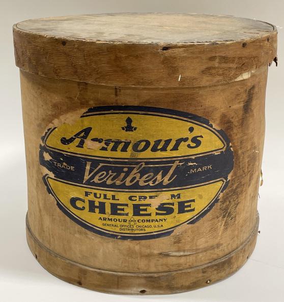Early Armours Veribest Cream Cheese Wood Cannister: Early wooden Armour's Veribest Cream Cheese cannister. Good condition with wear to the label and other wear from use and age. Displays well with original lid. It measures approximately 14" tall by 15-