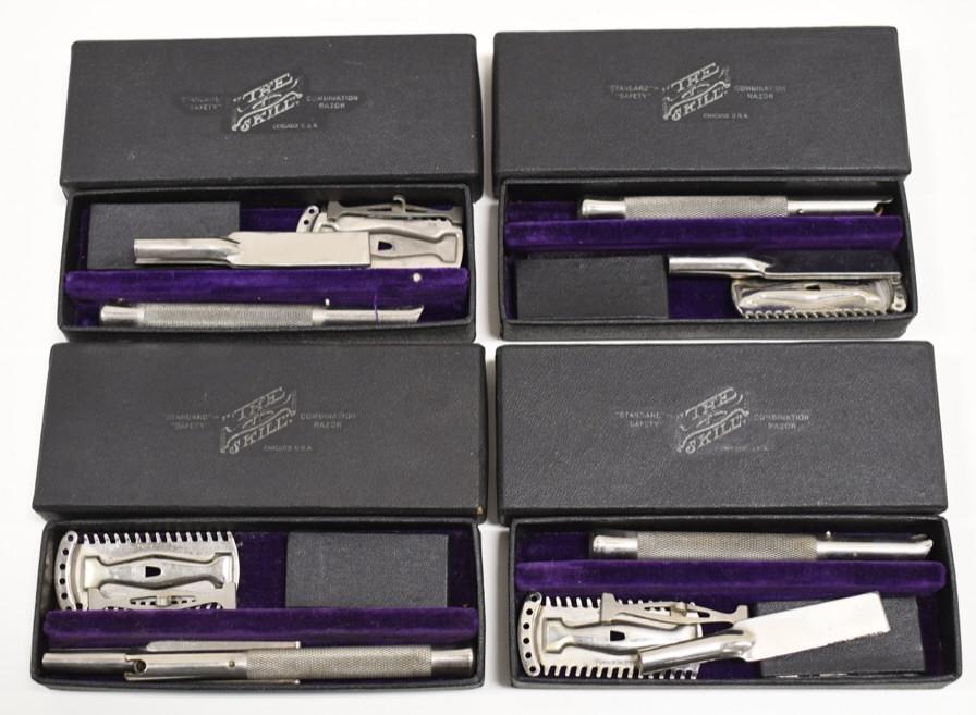 (4) NOS Antique "The Skill" Shaving Razors In Box: Lot of four new old stock antique "The Skill" combination safety shaving razors in original boxes. Nice condition with some wear from age and storage.