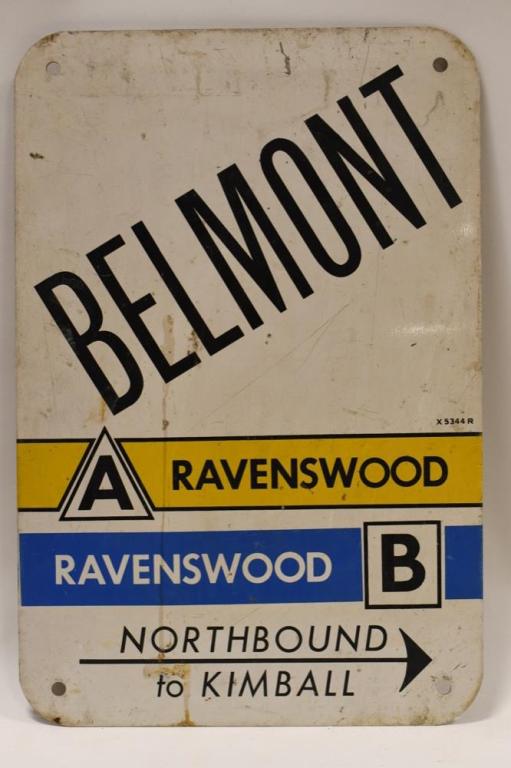 Vintage Chicago Northbound Belmont Bus Route Sign: Vintage single sided metal Chicago Northbound Belmont - Ravenswood bus route sign. Good condition with wear from use and age. Measures approximately 18" tall by 12" across.