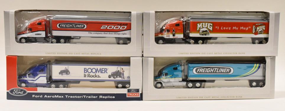 1/64 SpecCast Freightliner Mug & Ford Adv. Trucks: 1/64 scale SpecCast Frieghtliner semi truck with Ford, Mug Root Beer, and Freightliner advertising trailers. Good condition in the boxes.