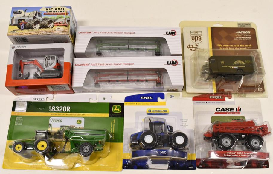 1/64 New Holland, White, Case IH Tractors & More: Lot includes 1/64 scale Ertl New Holland T9.560, John Deere 8320R with grain cart, SpecCast Header carts, DCP Neuson mini excavator, and more!
