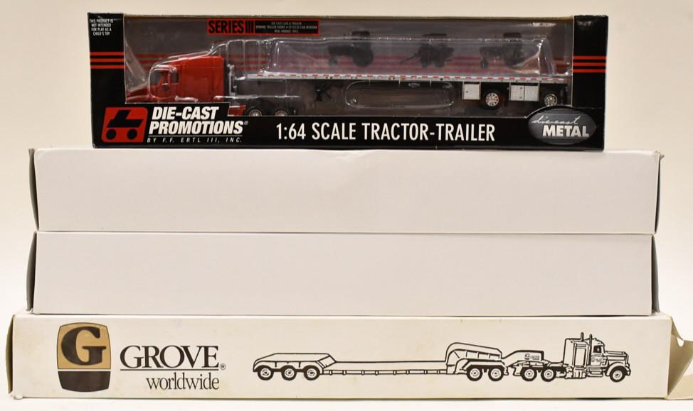 1/64 Conrad Grove Semi Trucks & DCP Truck Trailer: (3) 1/64 Conrad Grove semi trucks with lowboy trailer, and DCP truck with flatbed trailer. Good condition in the boxes.