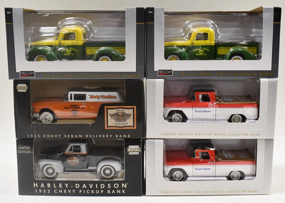 1/25 SpecCast JD, Coast-To-Coast, Harley Trucks: 1/25 scale SpecCast John Deere, Coast-To-Coast, and Harley-Davidson trucks. Good condition in the boxes.