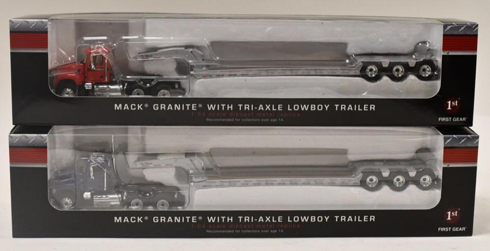 1/64 1st Gear Mack Granite w/ Tri-Axle Lowboys: 1/64 scale 1st Gear Mack Granite trucks with tri-axle lowboy trailers. Good condition in the boxes.
