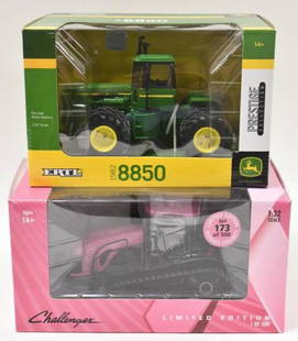 1/32 John Deere 8850 & Challenger MT875E Tractors: 1/32 scale Ertl John Deere 8850 tractor and Challenger MT875E breast cancer awareness tractor. Good condition in the boxes.