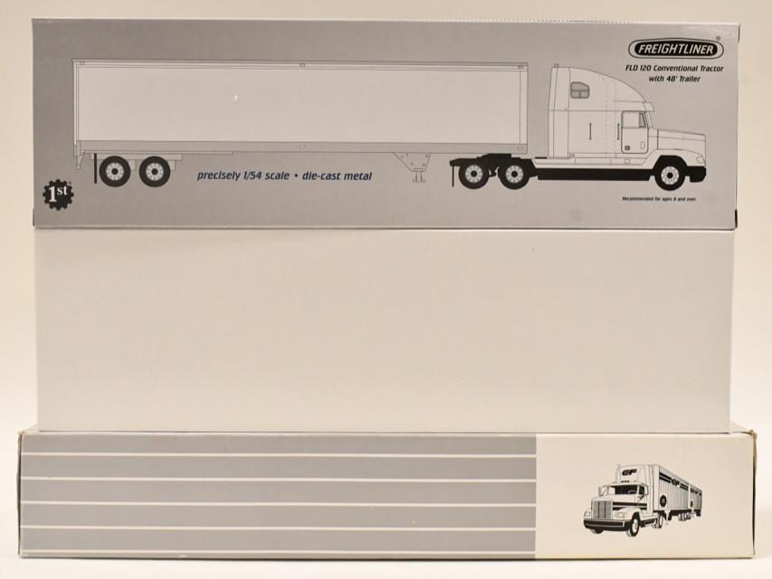 1/54 1st Gear Freightliners & CF Semi Trucks: 1/54 scale 1st Gear Freightliner semi trucks and trailer and Condtinental Freightway semi truck and trailer. Good condition in the boxes.
